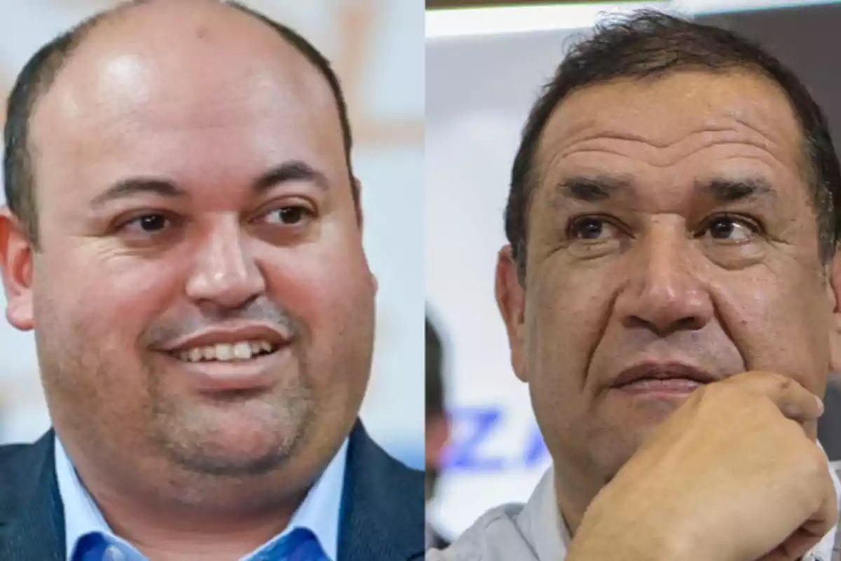 Dos hombres de mediana edad aparecen en primer plano uno de ellos sonríe mientras el otro tiene una expresión pensativa