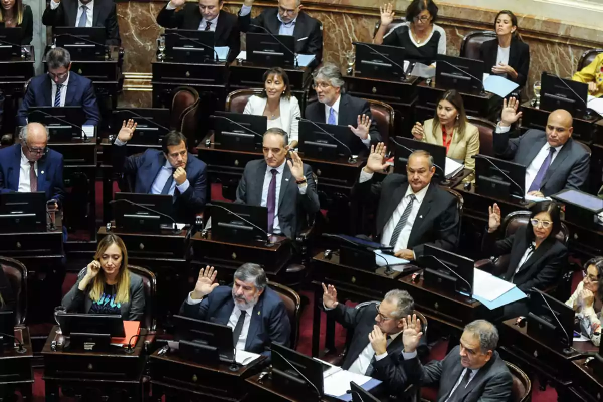 Varios legisladores sentados en sus bancas levantan la mano durante una votación en un recinto parlamentario Varios legisladores sentados en sus bancas levantan la mano durante una votación en un recinto parlamentario