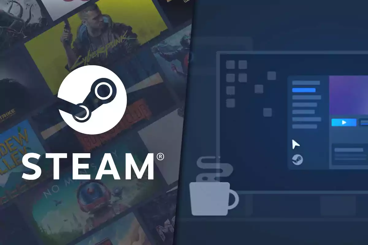 Logo de Steam en grande con fondo de portadas de videojuegos y una interfaz digital azul con una taza de café estilizada