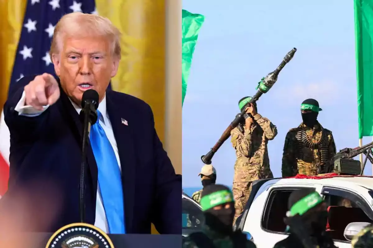 Un hombre de traje y corbata azul habla señalando al frente mientras en la otra mitad de la imagen hay personas armadas con uniformes militares y bandanas verdes junto a una camioneta blanca