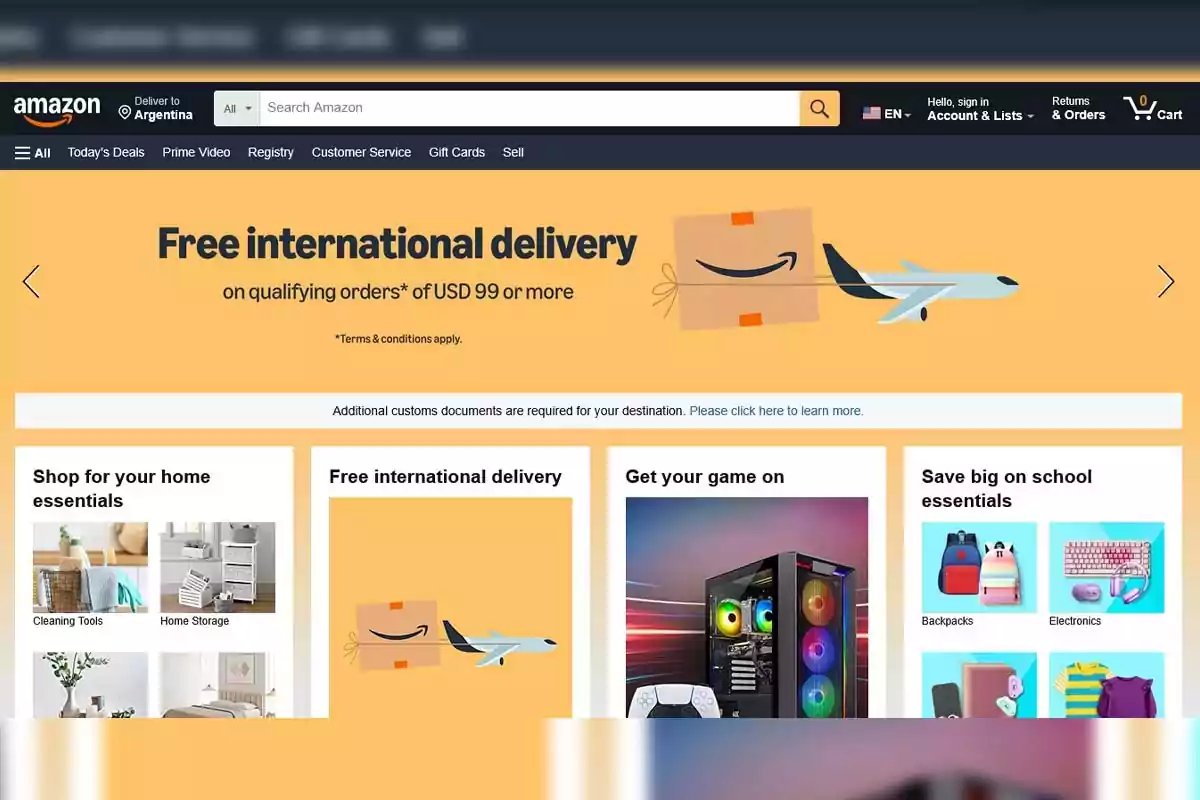 Amazon homepage displaying a free international shipping promotion and various product categories such as home goods, video games, and school supplies Amazon homepage displaying a free international shipping promotion and various product categories such as home goods, video games, and school supplies