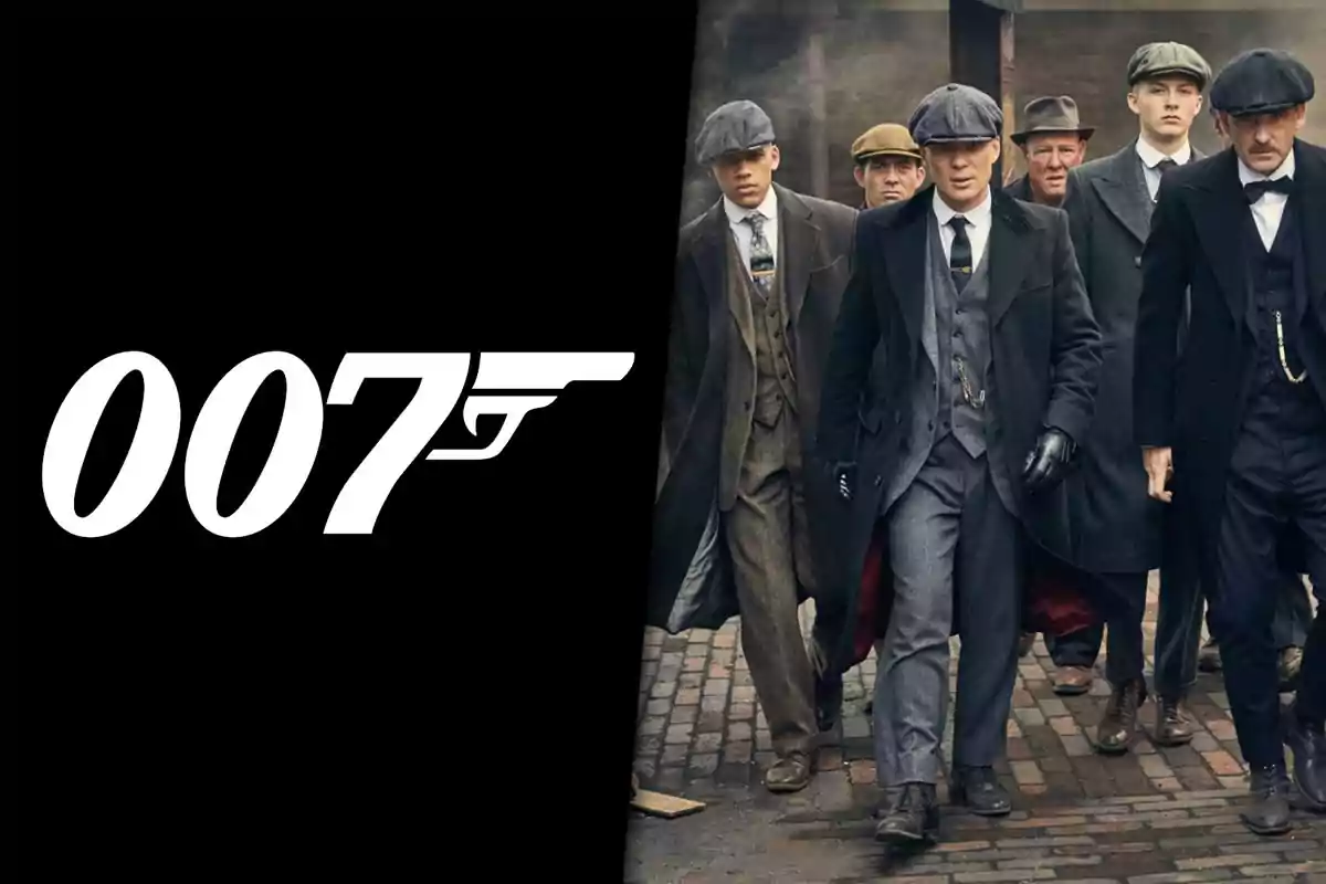 007 logo next to a group of men dressed in period clothing and berets walking down a cobblestone street