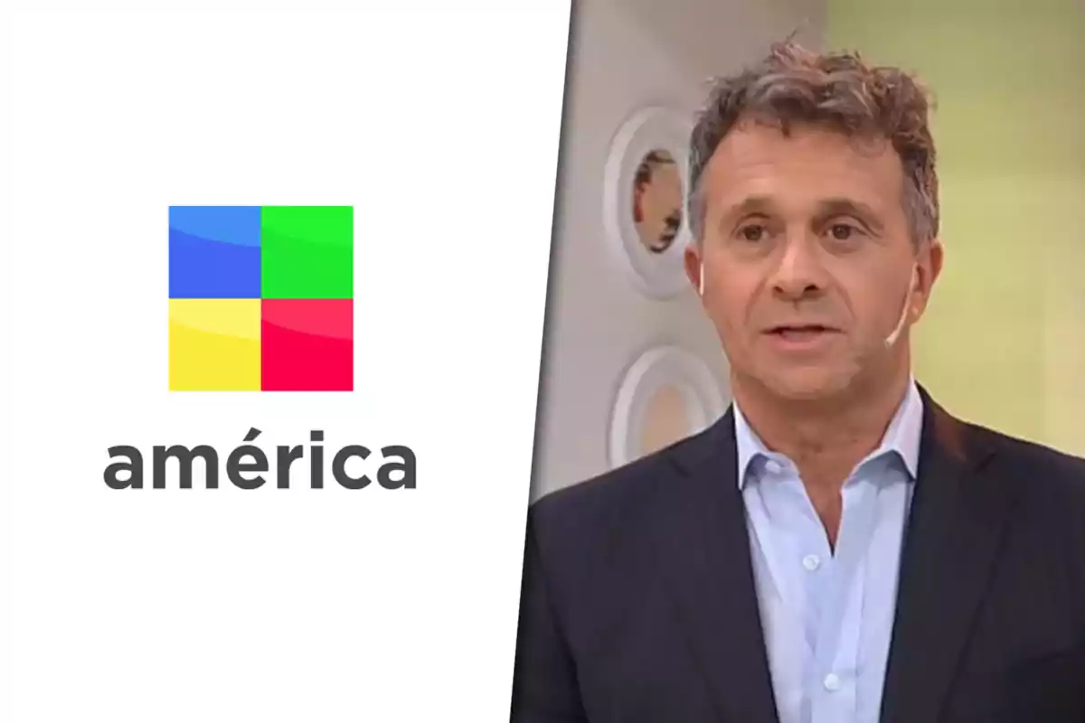 América TV logo next to a man with short gray hair wearing a blazer and a light-colored jersey in a television studio