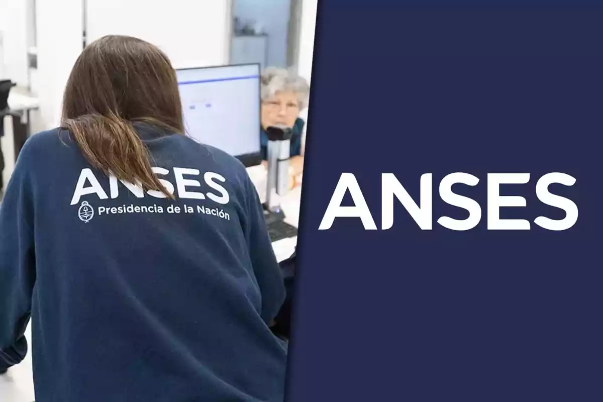 Person seen from behind wearing an ANSES jacket working in an office next to a computer, with an elderly person in the background and the ANSES logo on the right against a blue background.