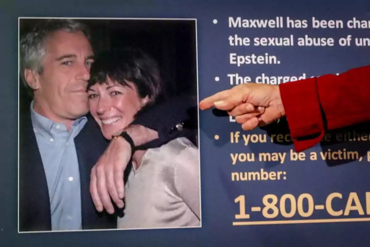 Fotografía de un hombre y una mujer abrazados y sonriendo, junto a un cartel informativo donde una mano señala hacia la imagen y se muestra un número telefónico grande.