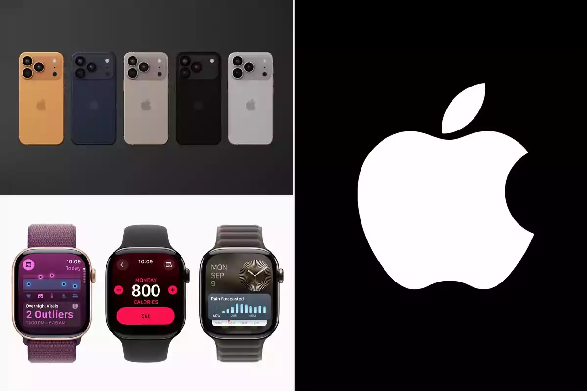Several iPhone and Apple Watch models next to the Apple logo on a black background
