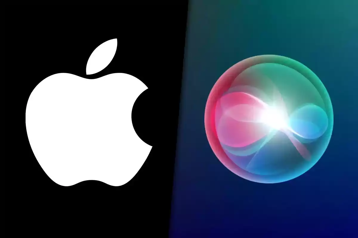 Apple logo on the left and Siri icon on the right over dark backgrounds