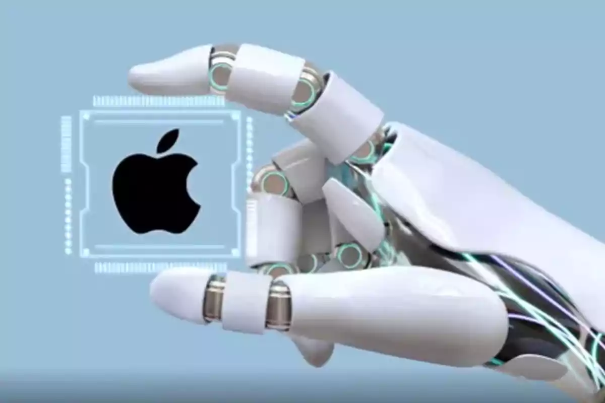 Robotic hand holding a chip with the Apple logo against a blue background Robotic hand holding a chip with the Apple logo against a blue background