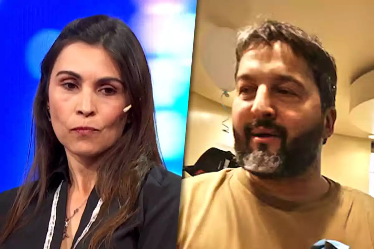 A woman with long dark hair and a serious expression is on the left, while a man with a beard and dark hair appears on the right in an indoor setting.