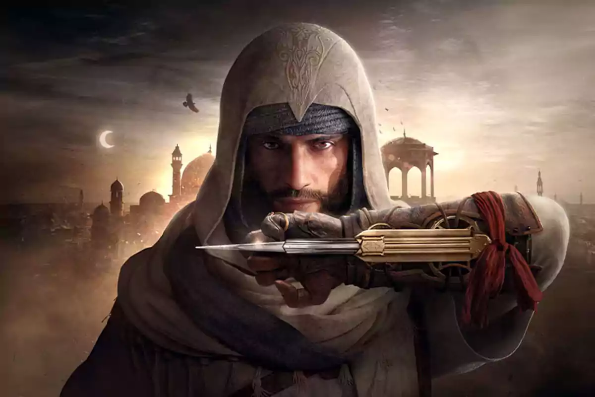 Hooded man in medieval clothing holding a hidden blade in front of his face with an ancient city in the background at sunset Hooded man in medieval clothing holding a hidden blade in front of his face with an ancient city in the background at sunset