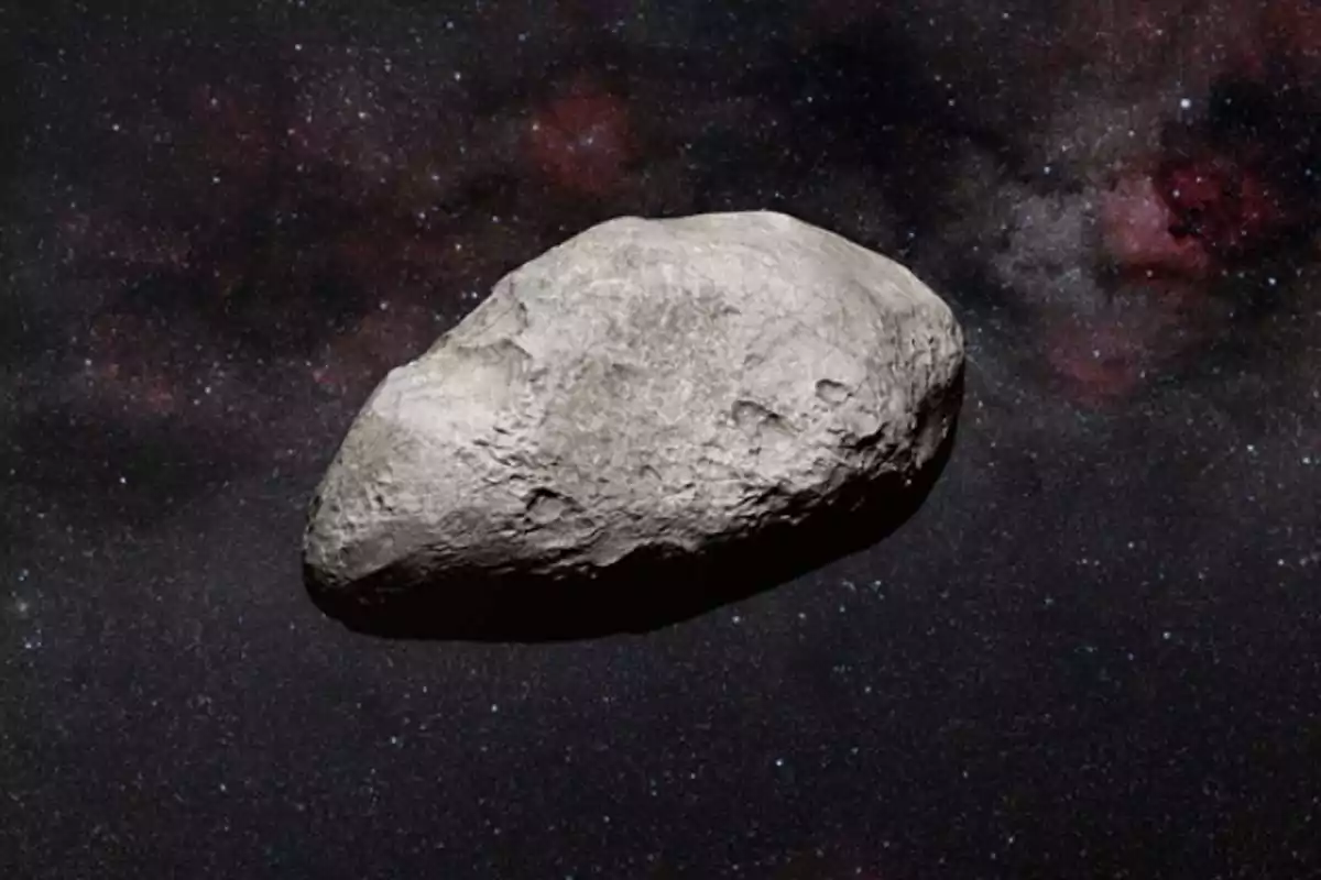 Irregularly shaped asteroid floating in space with a background of stars and nebulae. Irregularly shaped asteroid floating in space with a background of stars and nebulae.