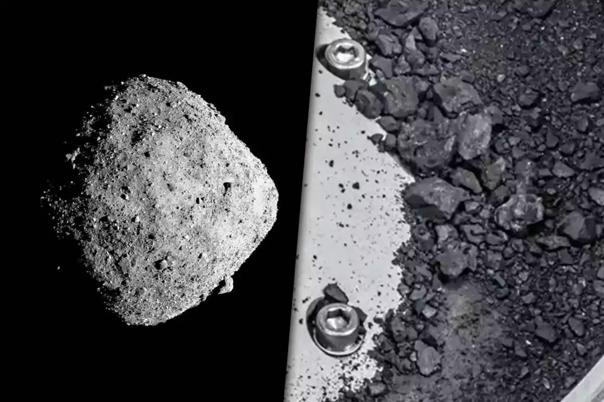 An asteroid in space and a sample of rocks and dust on a metallic surface