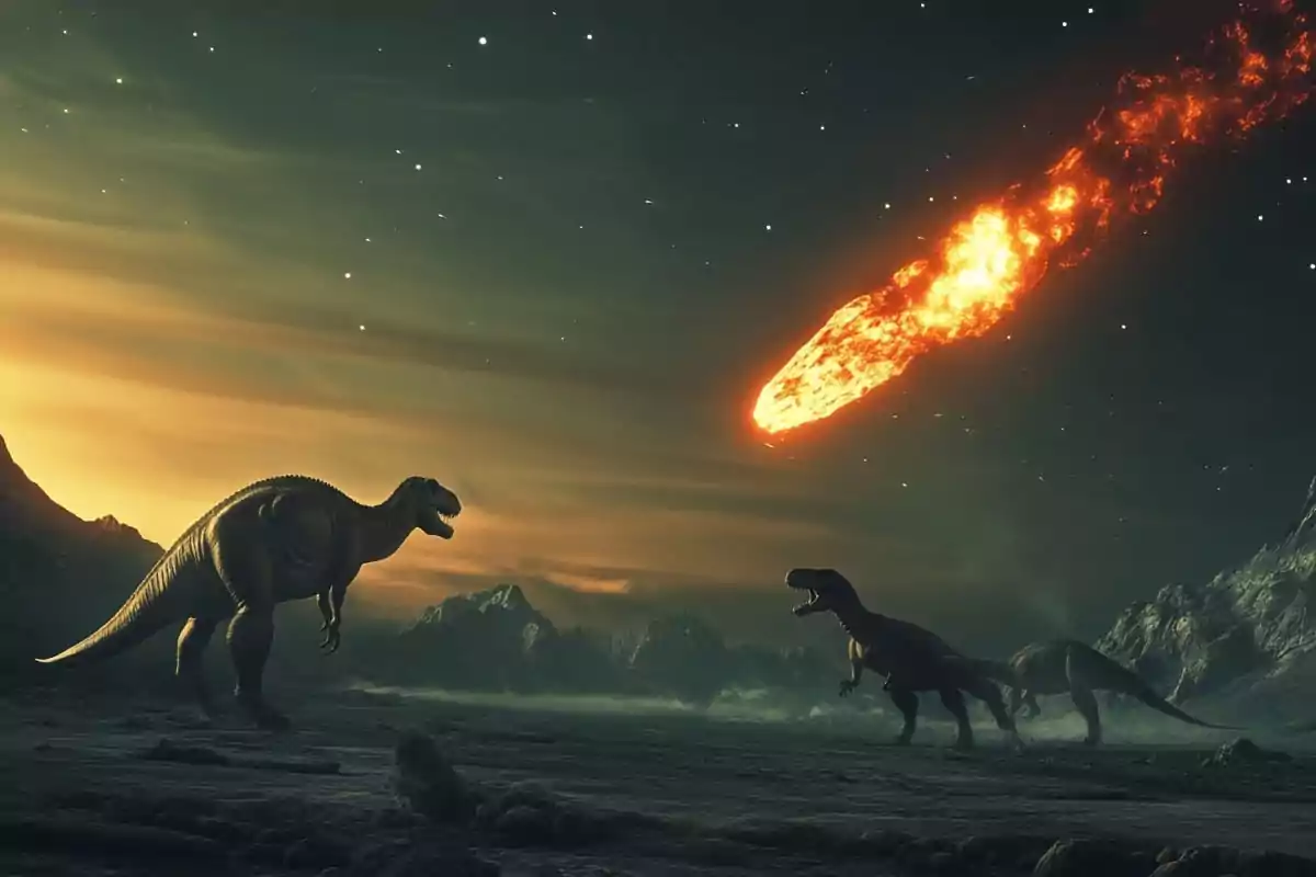 Dinosaurios en un paisaje prehistórico observan un meteorito en llamas cruzando el cielo nocturno.