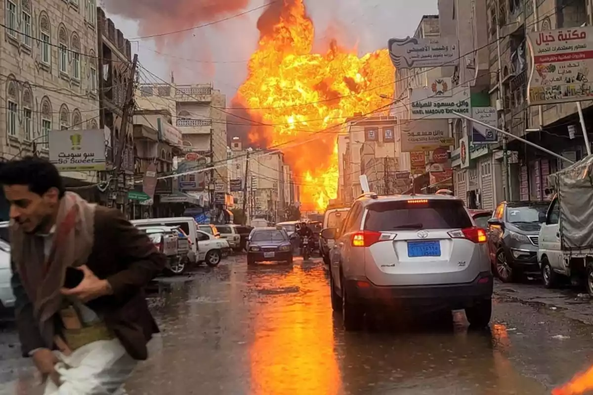 A man runs down a street full of cars while a huge fire explosion happens in the background between buildings in a city.