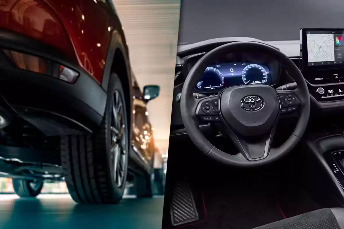 Split view of a red car seen from the rear and the interior of a vehicle showing the steering wheel and dashboard of a Toyota