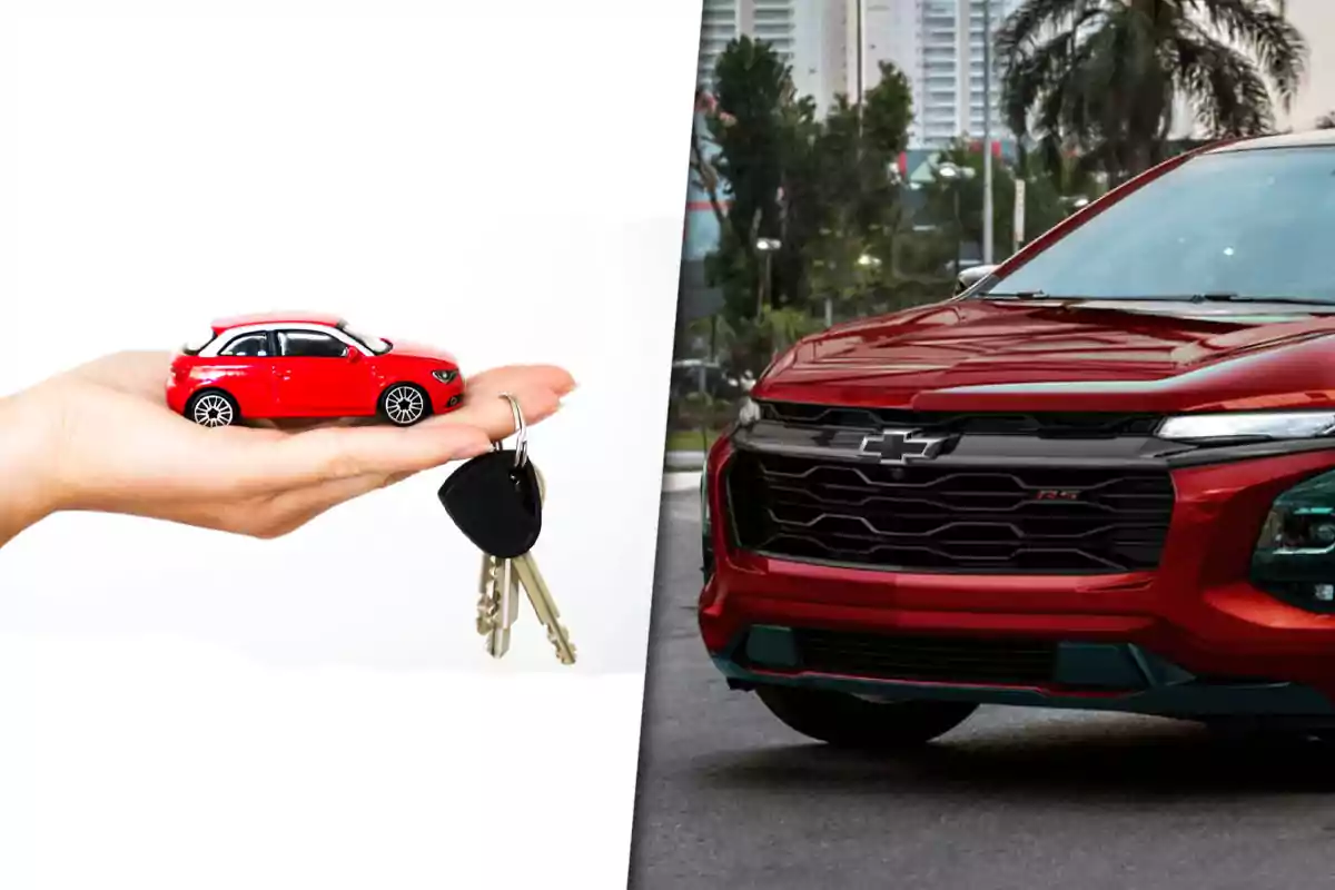 A hand holds a keychain with keys and a red toy car, next to the image of the front of a red Chevrolet car.