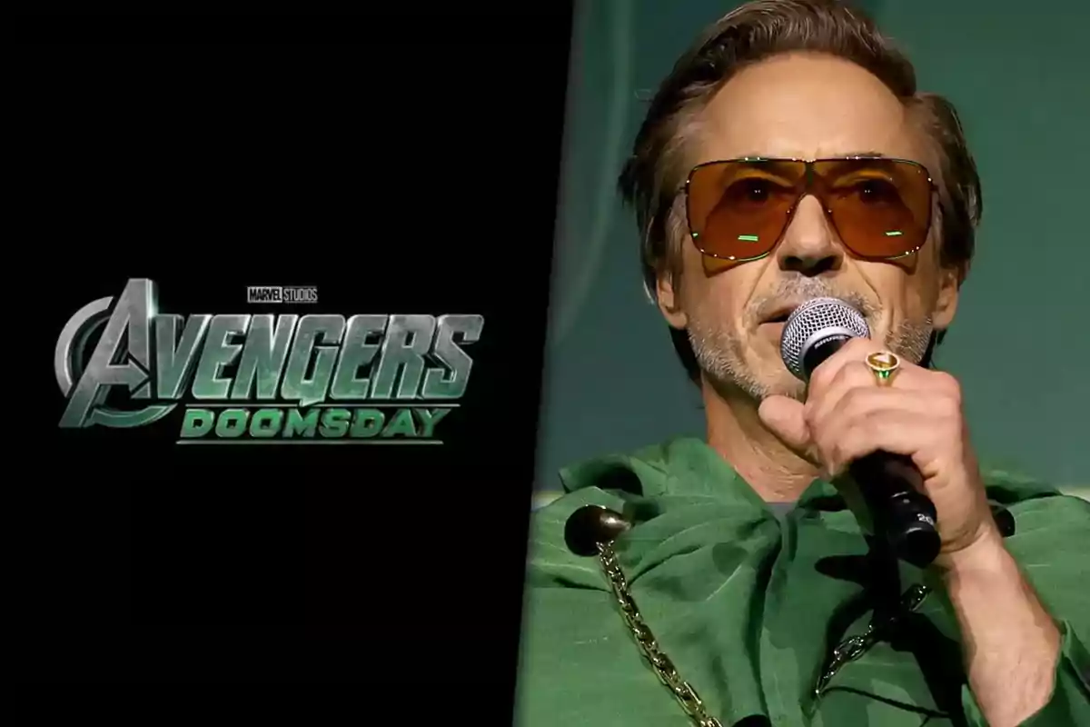 Avengers Doomsday logo next to a man with dark sunglasses, a green cape, and a microphone in his hand
