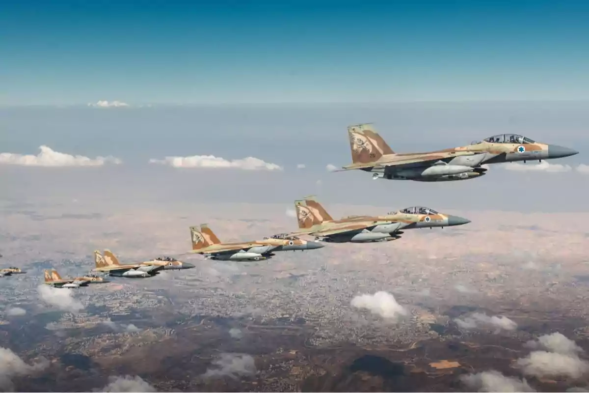 Formation of fighter jets flying over a mountainous landscape with scattered clouds and clear skies Formation of fighter jets flying over a mountainous landscape with scattered clouds and clear skies