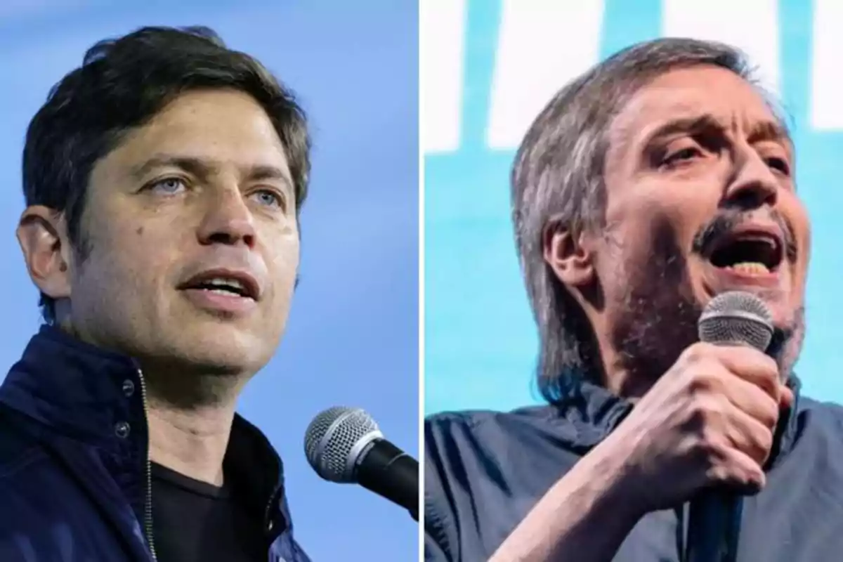 Dos hombres hablando en diferentes escenarios, ambos sosteniendo un micrófono y con expresiones serias