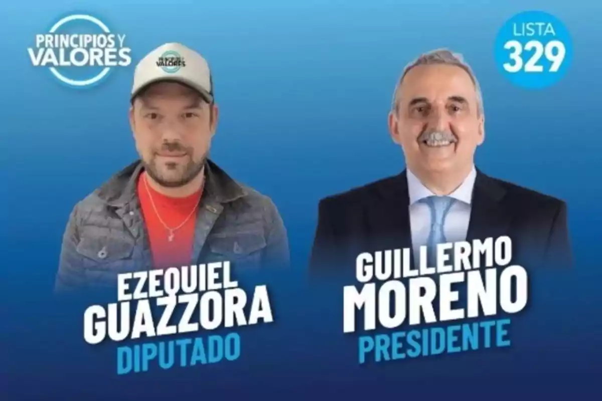 Two men pose against a blue background with the names Ezequiel Guazzora deputy and Guillermo Moreno president, along with the Principios y Valores logo and the list number 329.