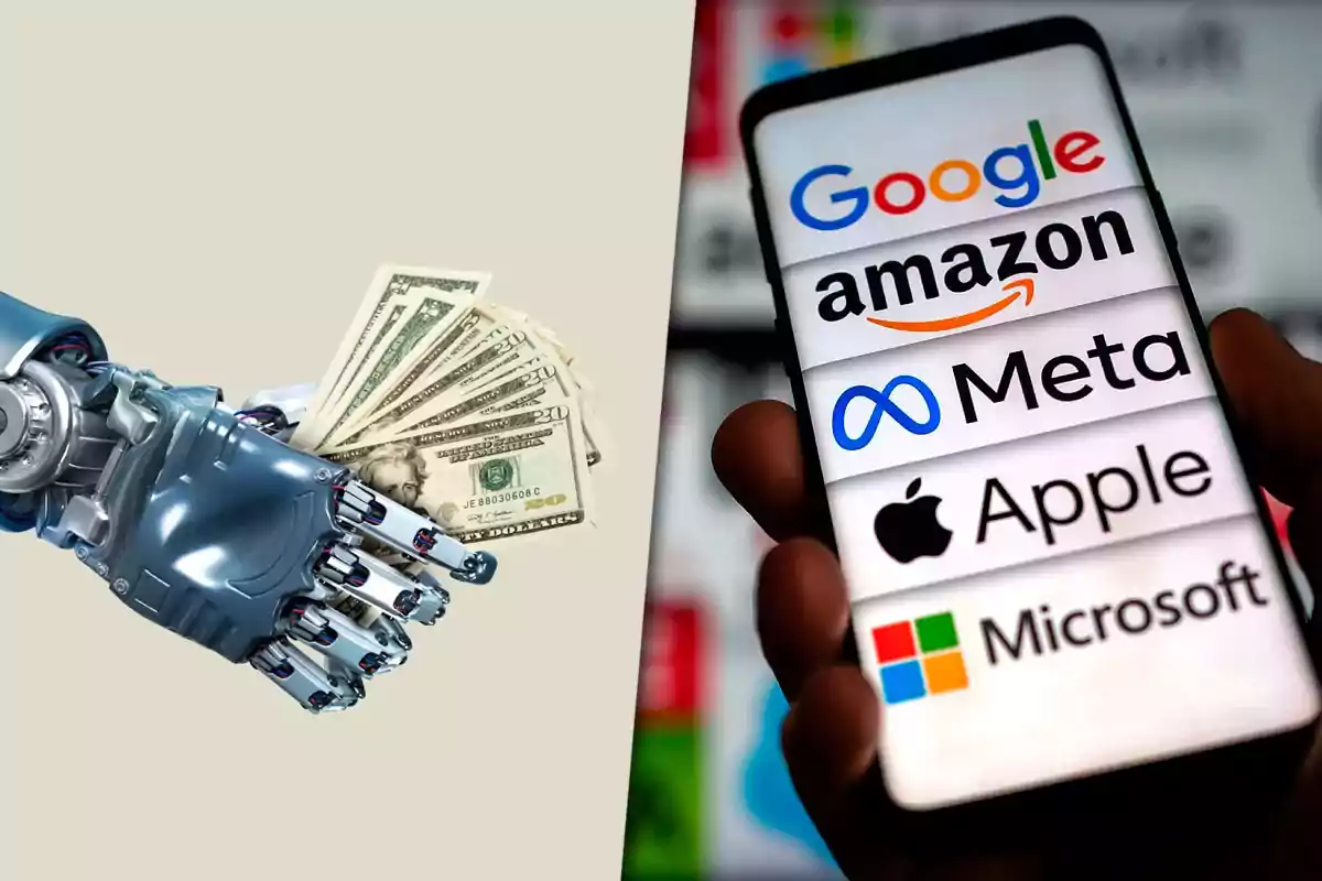 Un brazo robótico sostiene billetes de dólar mientras una mano humana sostiene un teléfono móvil que muestra los logotipos de Google, Amazon, Meta, Apple y Microsoft