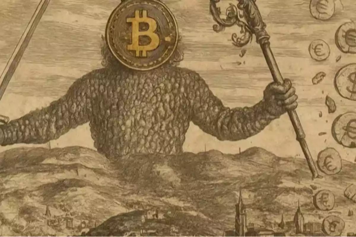 Ilustración de un gigante con cuerpo formado por personas y cabeza de moneda de bitcoin sosteniendo un cetro mientras monedas con símbolos de euro flotan a su alrededor Ilustración de un gigante con cuerpo formado por personas y cabeza de moneda de bitcoin sosteniendo un cetro mientras monedas con símbolos de euro flotan a su alrededor