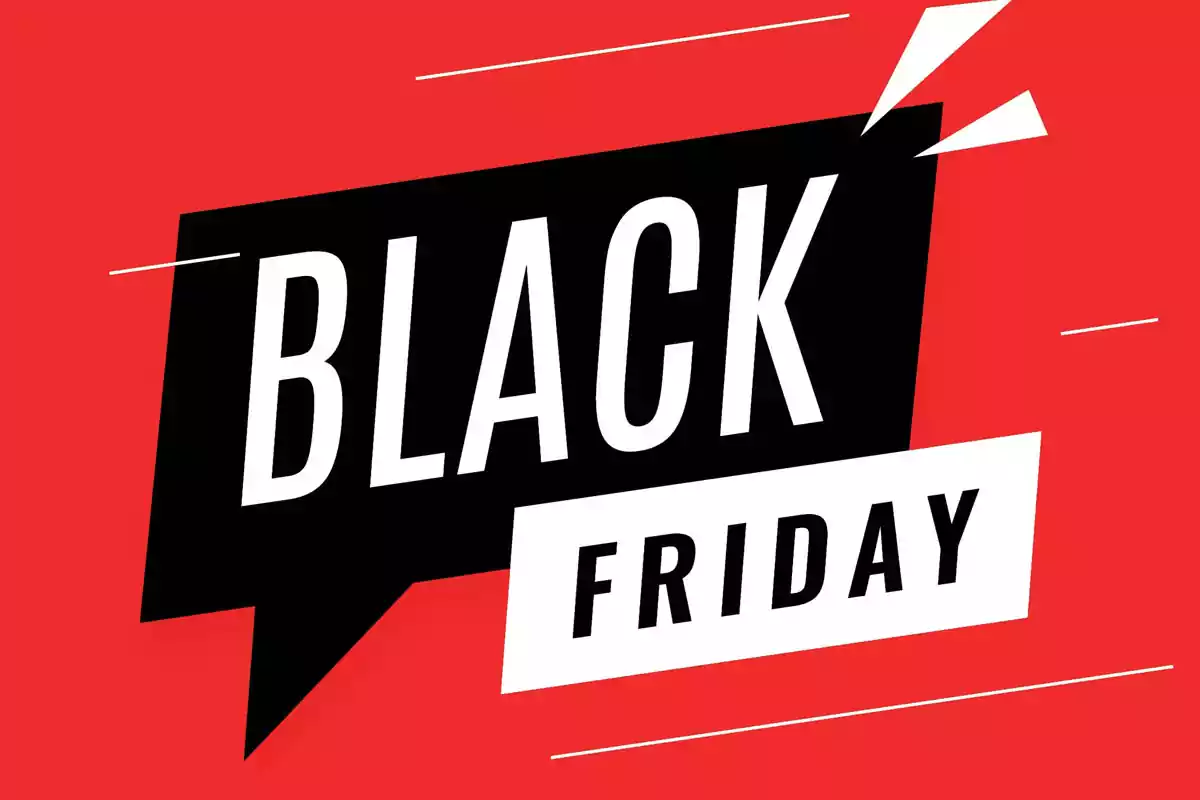 Cartel promocional de Black Friday con fondo rojo y letras en blanco y negro Cartel promocional de Black Friday con fondo rojo y letras en blanco y negro