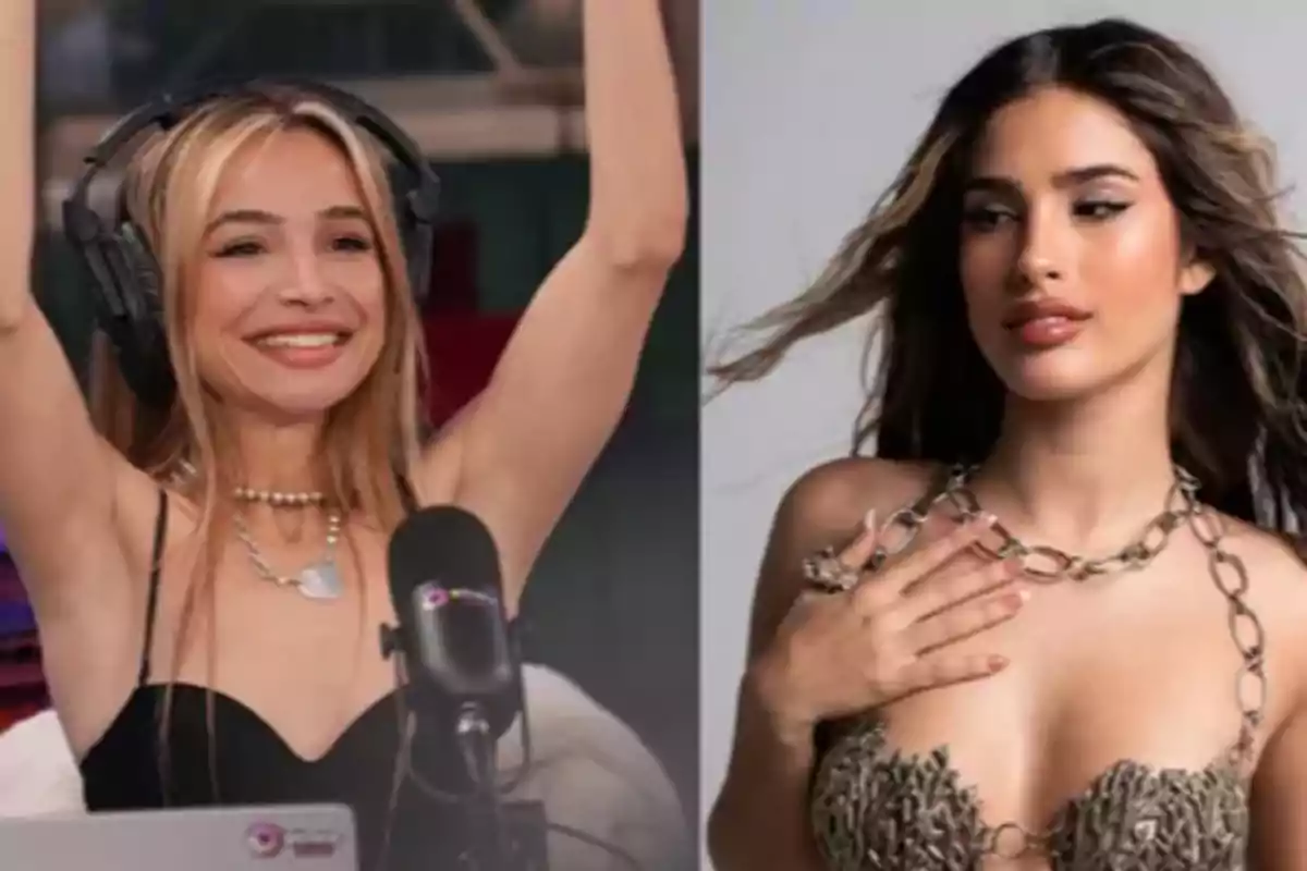 Two young women pose: one of them smiles with her arms raised and wears headphones in front of a microphone, while the other looks to the side with her hair down and wears a striking necklace.