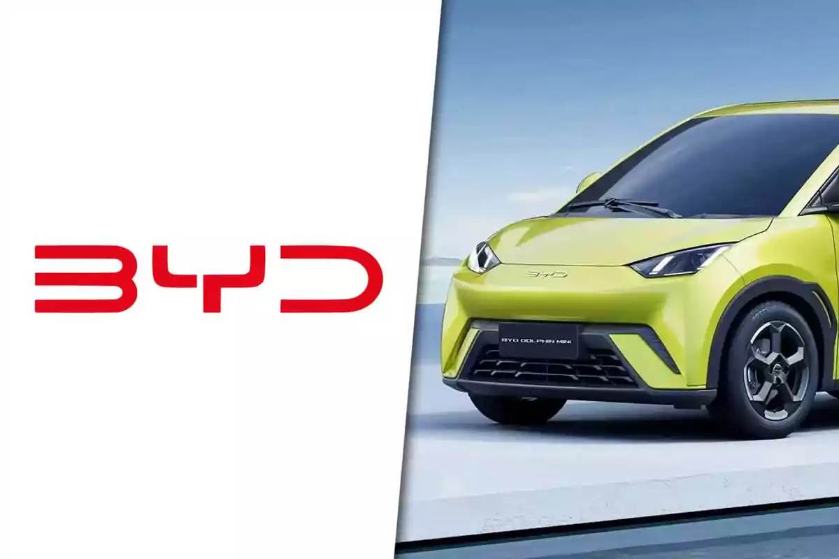 Logo de BYD en color rojo junto a un automóvil compacto de color verde claro sobre un fondo azul