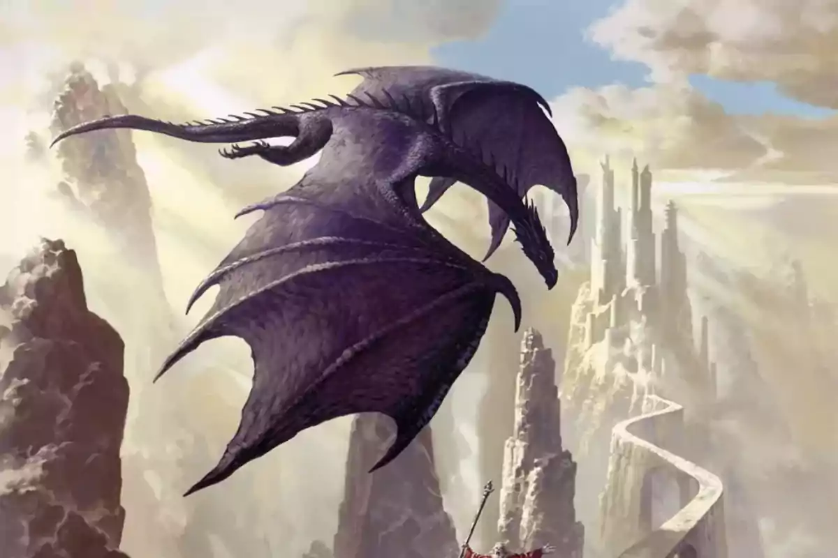 Dragon flying over a mountainous landscape with a castle in the background and a winding path