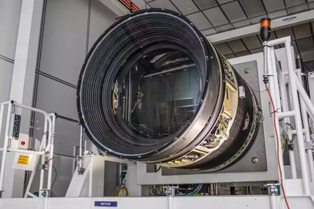 Large telescope lens in a laboratory surrounded by technical equipment Large telescope lens in a laboratory surrounded by technical equipment