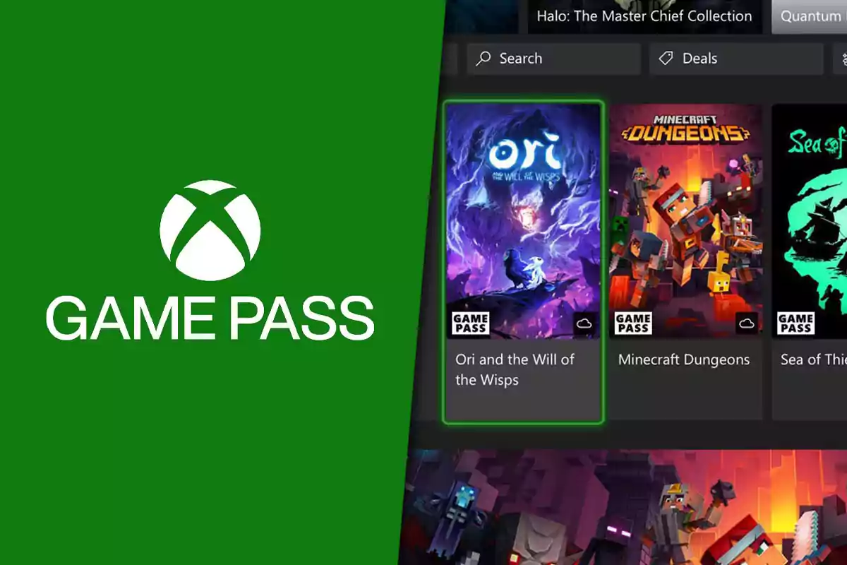 Pantalla dividida con el logo de Xbox Game Pass a la izquierda y una selección de videojuegos disponibles en el servicio a la derecha, incluyendo Ori and the Will of the Wisps y Minecraft Dungeons