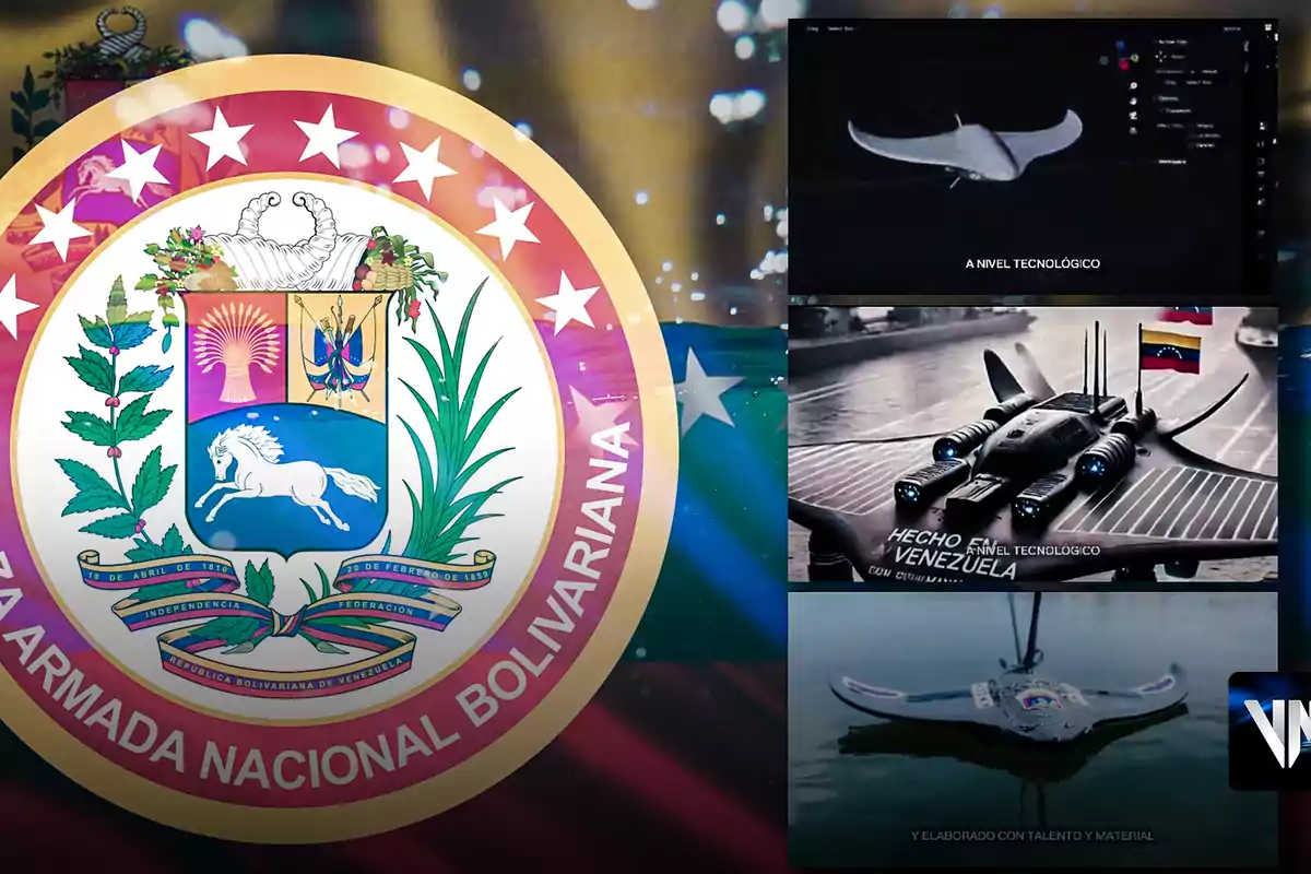 Coat of arms of the Bolivarian National Navy of Venezuela alongside images of a manta ray-shaped aquatic drone and Venezuelan flags Coat of arms of the Bolivarian National Navy of Venezuela alongside images of a manta ray-shaped aquatic drone and Venezuelan flags