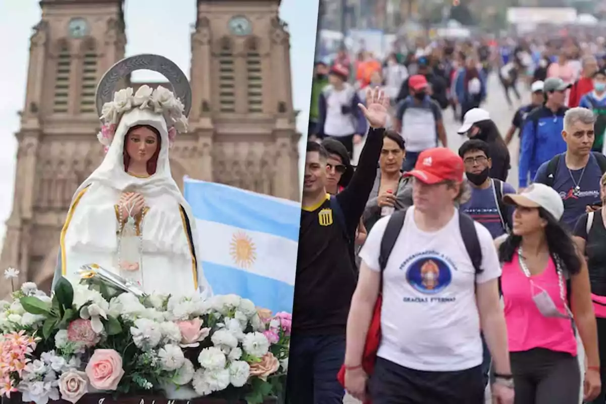 Image divided into two parts: on the left, a statue of the Virgin Mary decorated with flowers and an Argentine flag in the background; on the right, a large group of people walking in a pilgrimage.