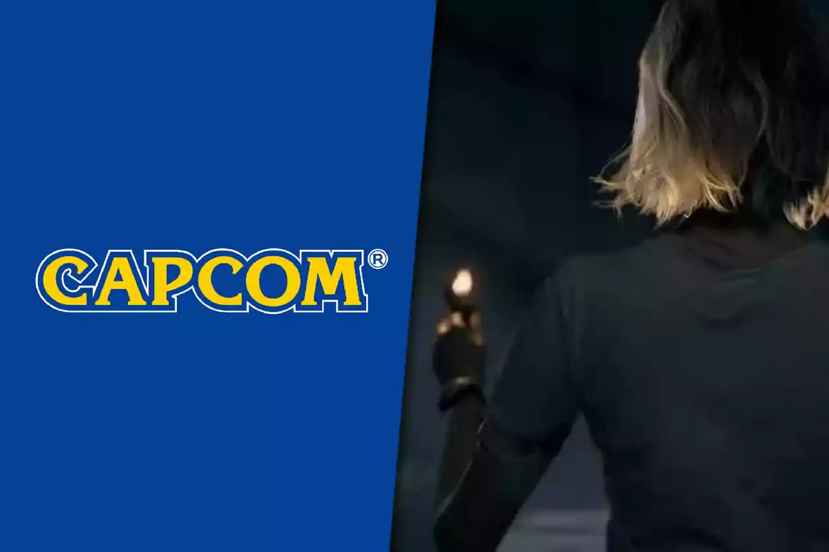 Capcom logo on the left and a person seen from behind holding a lit lighter on the right