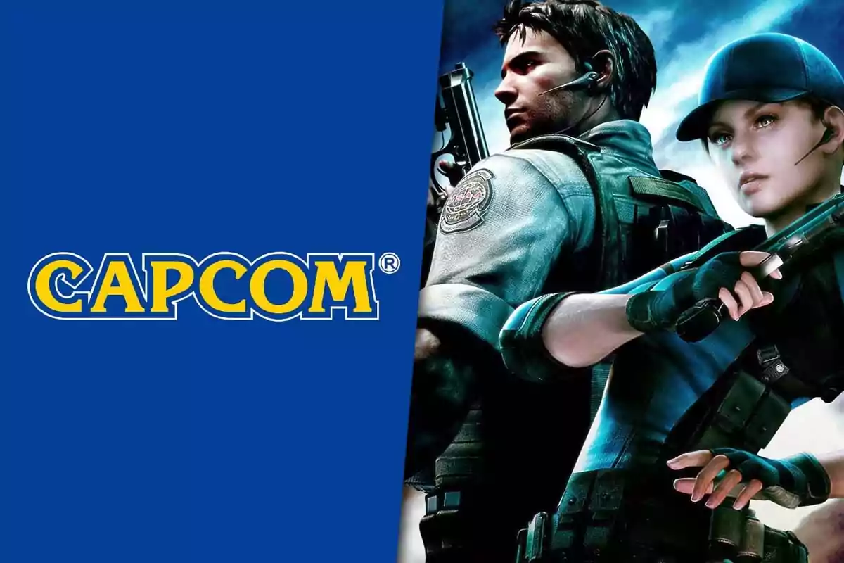 Logo de Capcom junto a dos personajes armados de un videojuego de acción