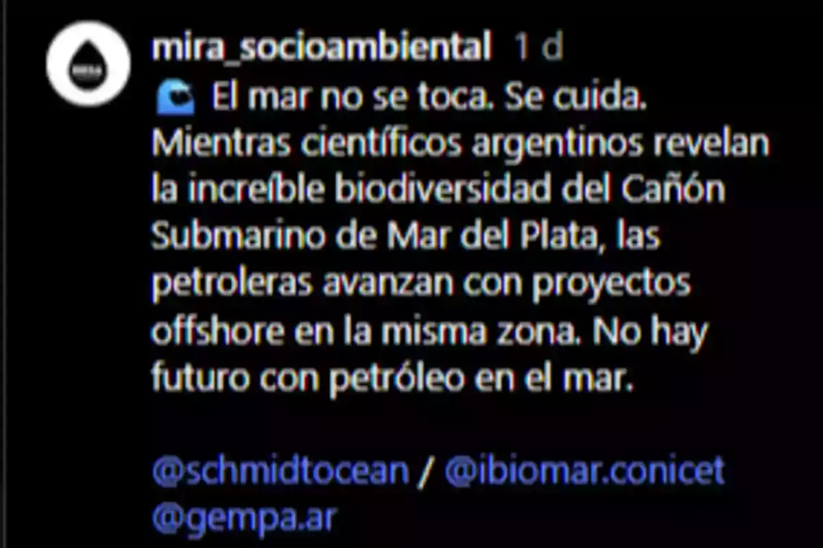 Publicación de mira_socioambiental que advierte sobre la importancia de cuidar el mar y denuncia la amenaza de proyectos petroleros offshore en la zona del Cañón Submarino de Mar del Plata, resaltando la biodiversidad descubierta por científicos argentinos y afirmando que no hay futuro con petróleo en el mar Publicación de mira_socioambiental que advierte sobre la importancia de cuidar el mar y denuncia la amenaza de proyectos petroleros offshore en la zona del Cañón Submarino de Mar del Plata, resaltando la biodiversidad descubierta por científicos argentinos y afirmando que no hay futuro con petróleo en el mar