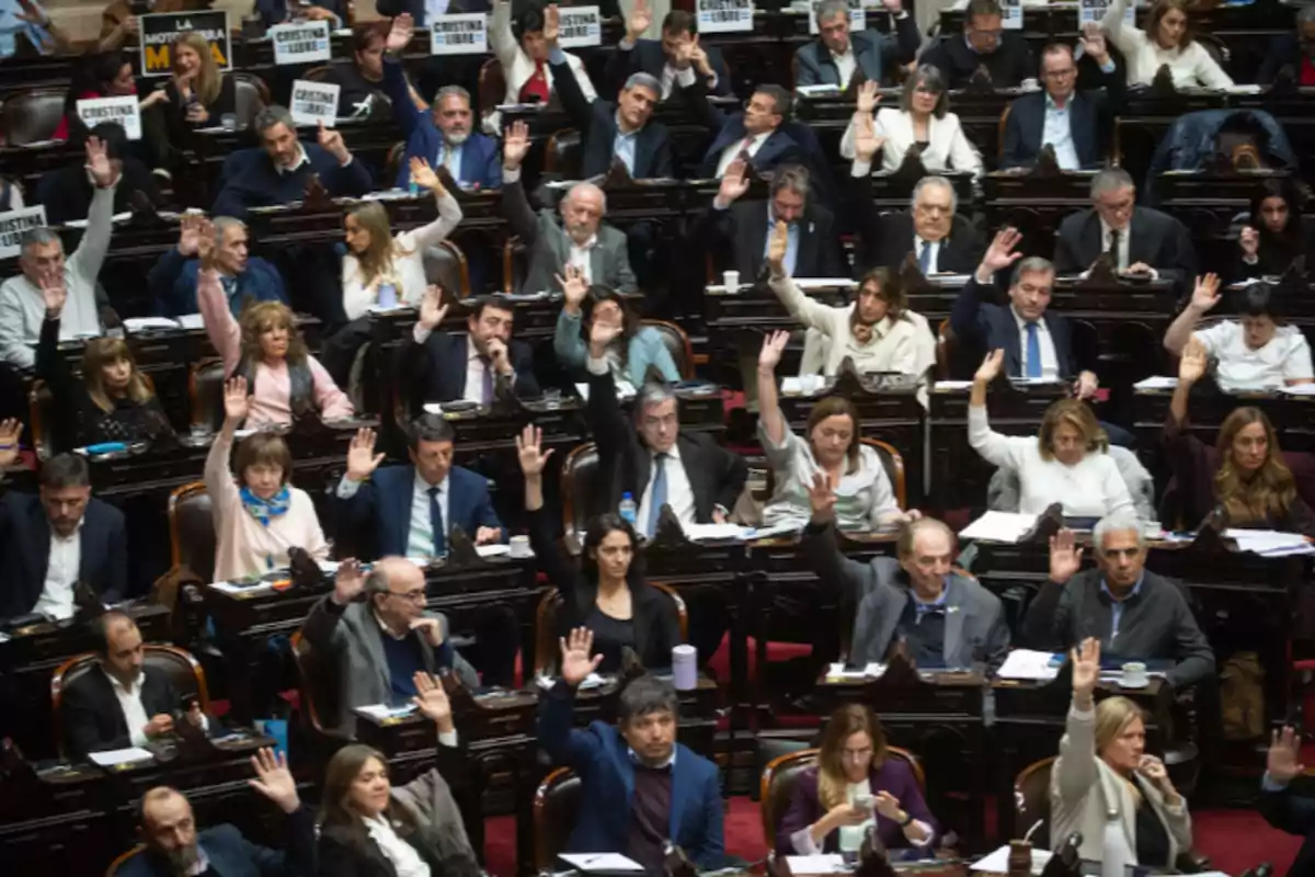 A large group of legislators seated in a parliamentary chamber raise their hands to vote during a session.