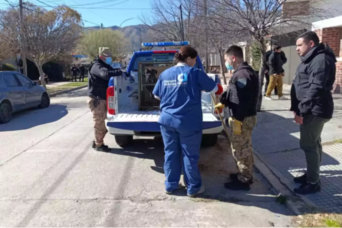 Several people, including security personnel and a veterinarian, are next to a police truck in which they are transporting a caged dog on a street in a residential neighborhood. Several people, including security personnel and a veterinarian, are next to a police truck in which they are transporting a caged dog on a street in a residential neighborhood.