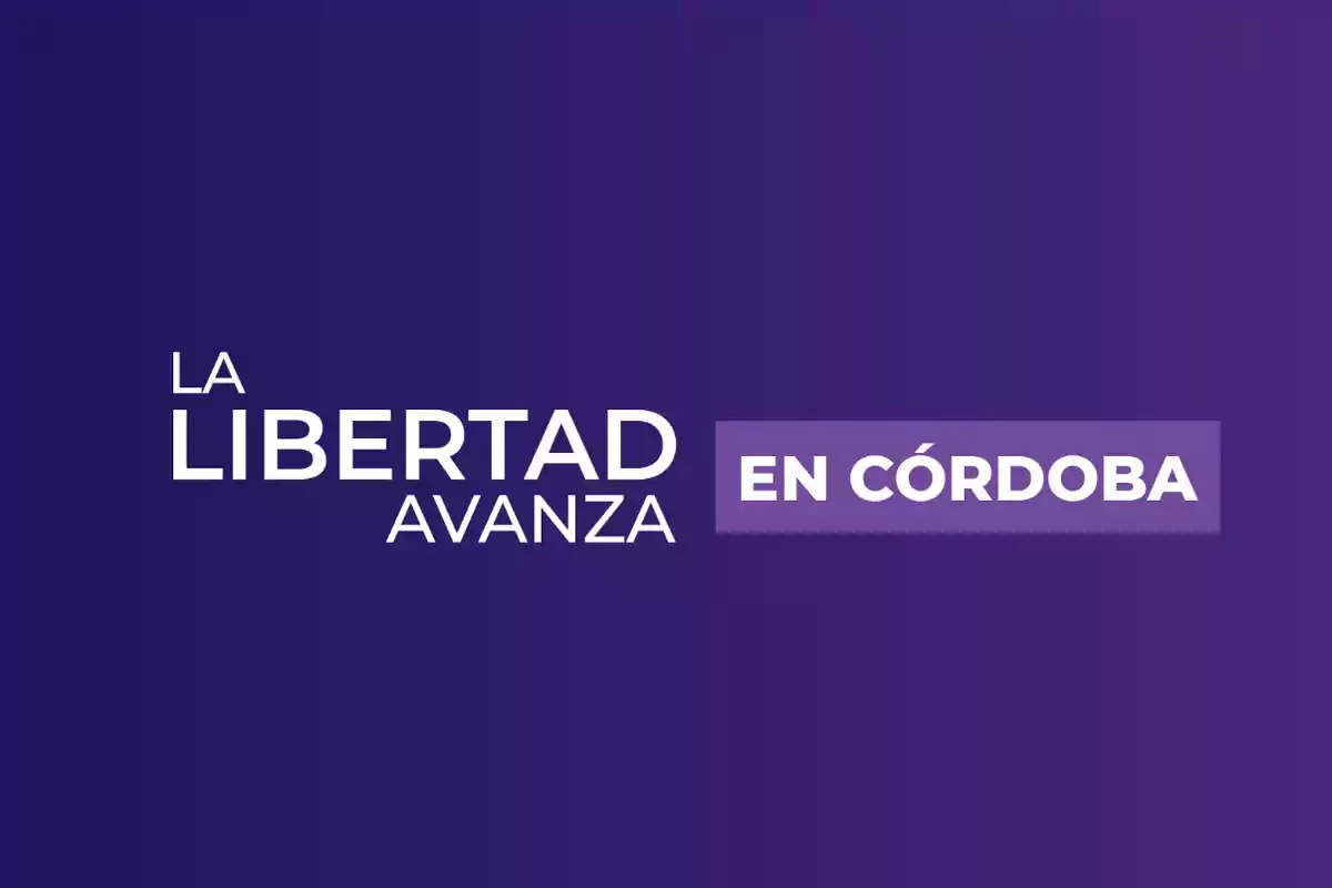 Fondo violeta con el texto La Libertad Avanza en Córdoba en letras blancas y un recuadro lila destacando la palabra Córdoba