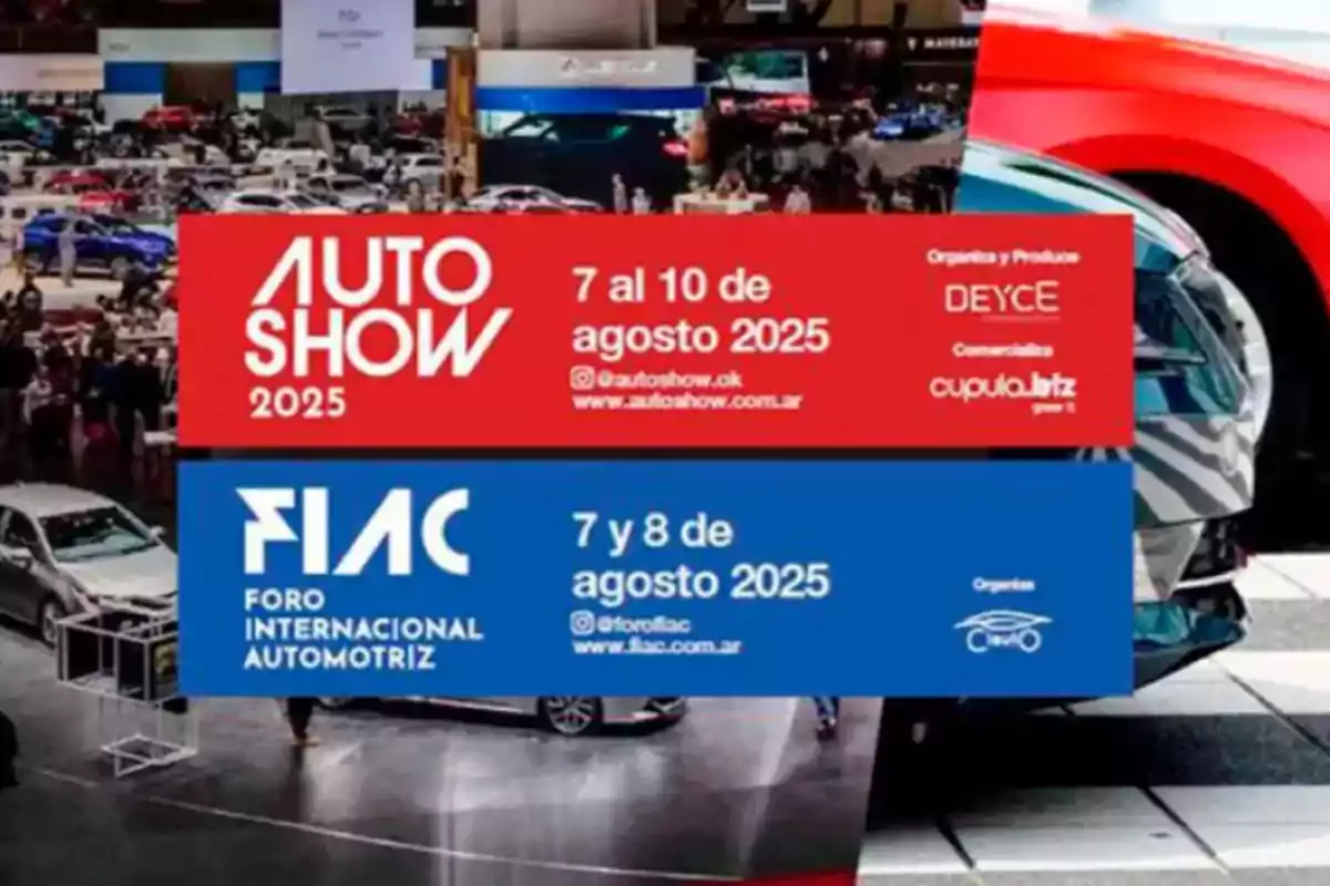 Carteles promocionales del Auto Show 2025 y el Foro Internacional Automotriz FIAC con fechas de agosto 2025 sobre un fondo de exhibición de autos