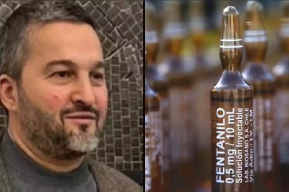 Un hombre de barba y cabello corto aparece junto a una imagen de varias ampolletas de fentanilo inyectable