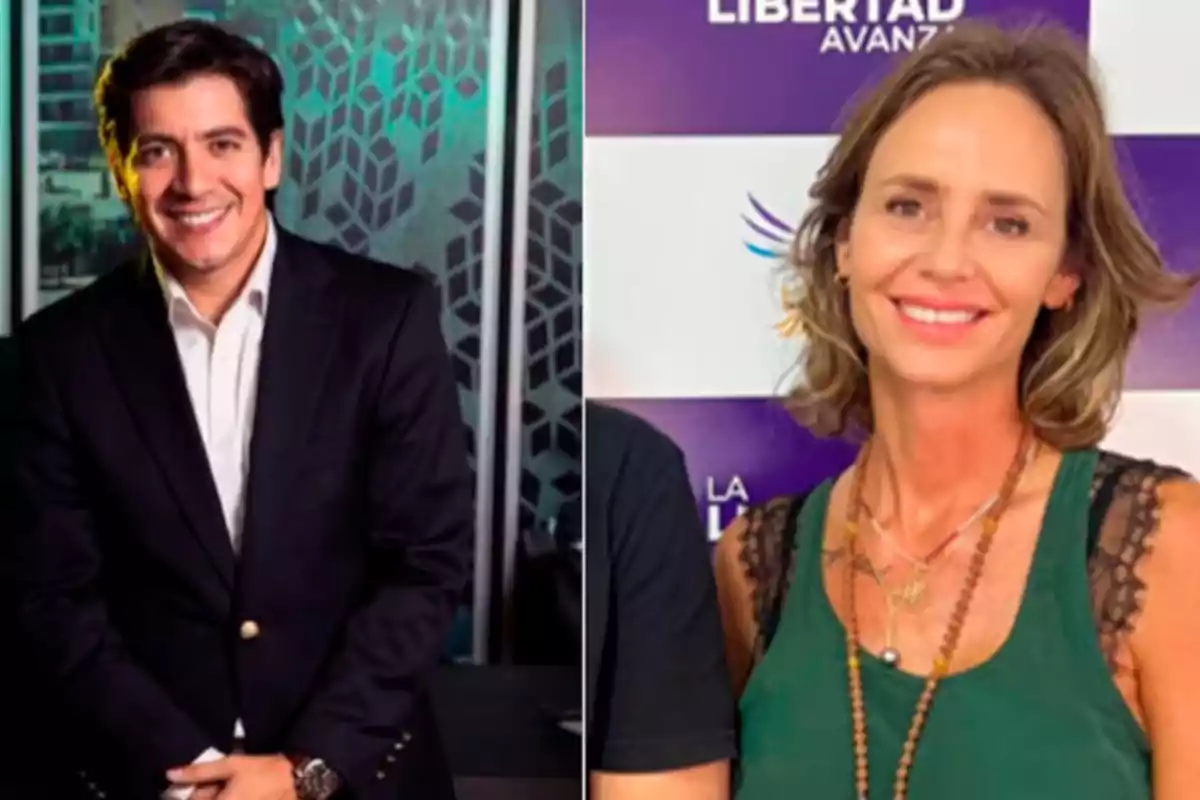 A man in a dark jacket and white jersey smiles in front of a modern background while a woman in a green blouse and necklaces smiles in front of a background with purple and white squares. A man in a dark jacket and white jersey smiles in front of a modern background while a woman in a green blouse and necklaces smiles in front of a background with purple and white squares.