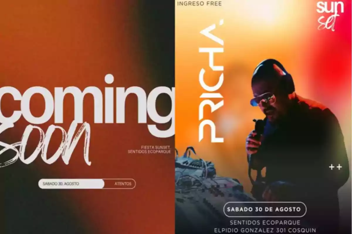Anuncio de un evento musical llamado Sunset en Sentidos Ecoparque con la presentación de Pricha el sábado 30 de agosto, fondo en tonos naranjas y una persona usando auriculares y micrófono. Anuncio de un evento musical llamado Sunset en Sentidos Ecoparque con la presentación de Pricha el sábado 30 de agosto, fondo en tonos naranjas y una persona usando auriculares y micrófono.