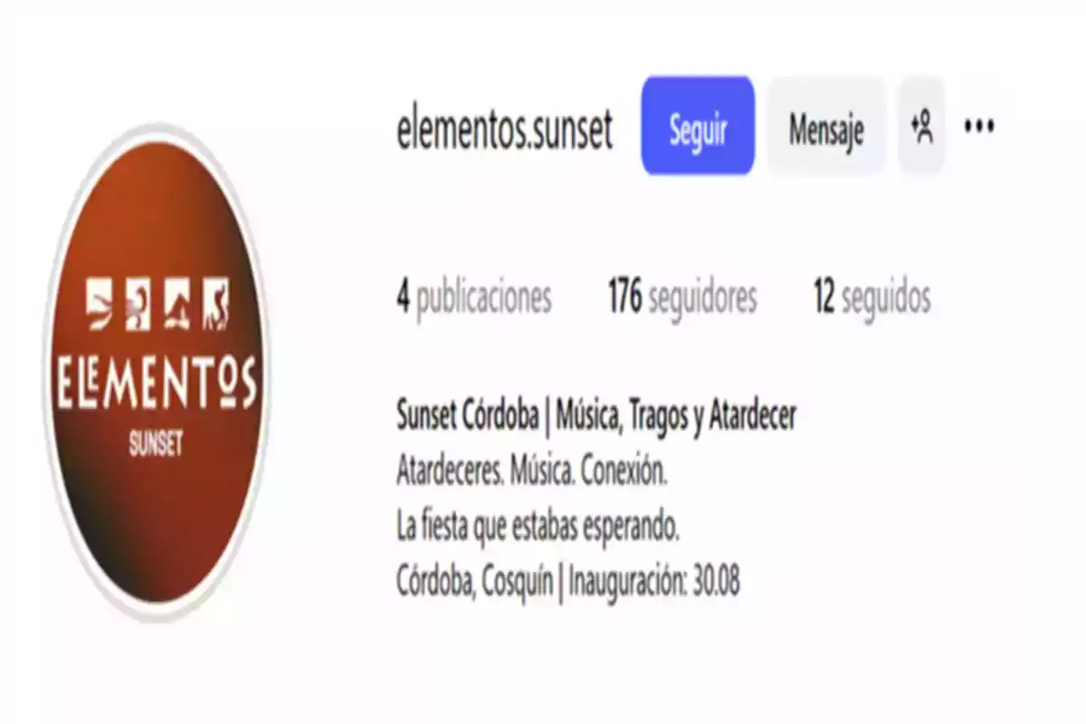 Perfil de Instagram de elementos.sunset con logo circular marrón y descripción sobre un evento de música y atardeceres en Córdoba, Cosquín, con detalles de seguidores y publicaciones. Perfil de Instagram de elementos.sunset con logo circular marrón y descripción sobre un evento de música y atardeceres en Córdoba, Cosquín, con detalles de seguidores y publicaciones.