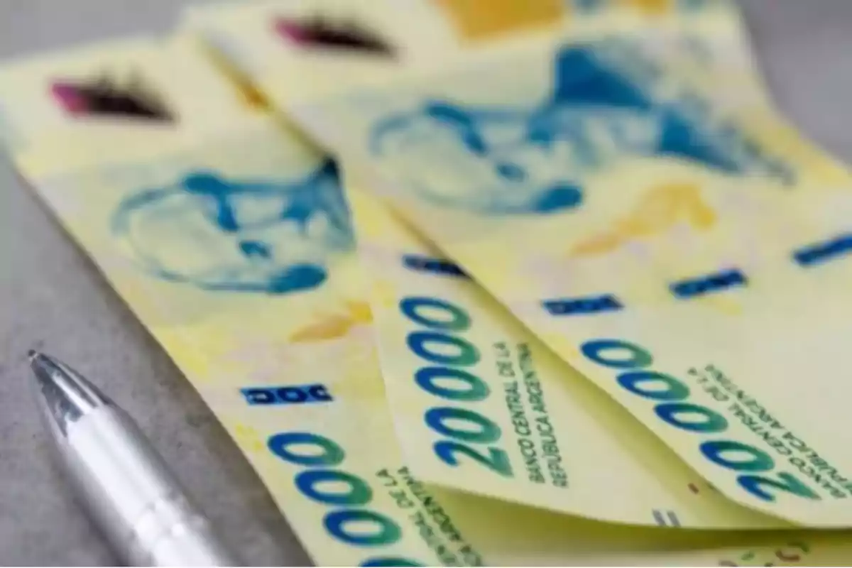 Twenty-thousand Argentine peso bills next to a silver pen on a gray surface