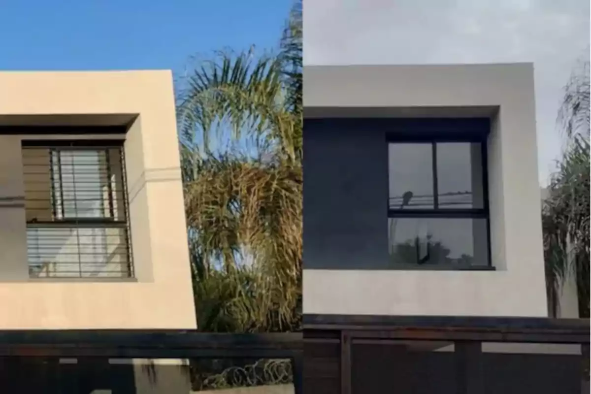 Comparison of a modern house window at two different times: one with daylight and the other with a cloudy sky Comparison of a modern house window at two different times: one with daylight and the other with a cloudy sky