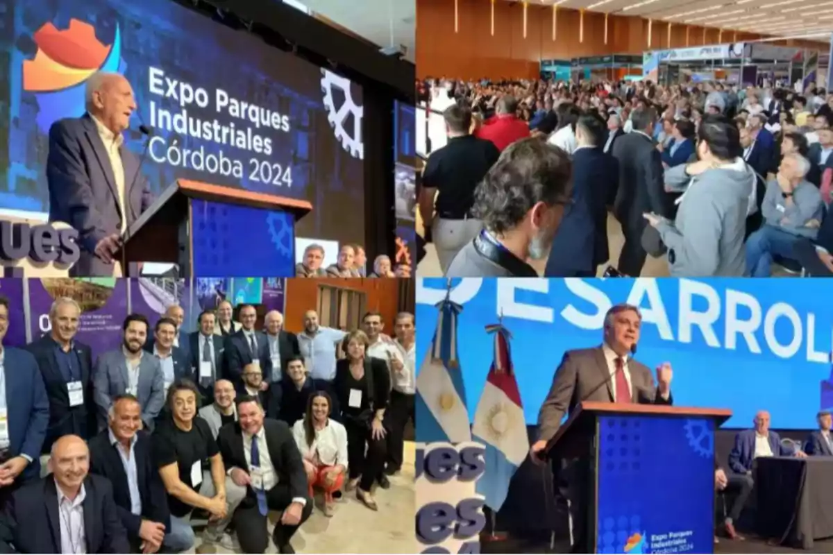 Photo collage of a business event in Córdoba 2024 with people at conferences, attendees, a group posing, and Argentine flags on the stage Photo collage of a business event in Córdoba 2024 with people at conferences, attendees, a group posing, and Argentine flags on the stage