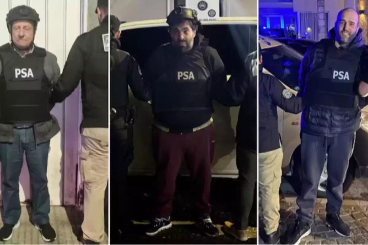 Tres hombres con chalecos antibalas y cascos de la PSA son escoltados por agentes policiales durante un operativo nocturno.
