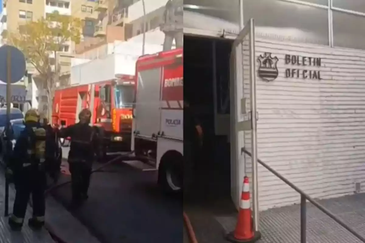 Firefighters are working on the street in front of a building while a fire truck is parked and the entrance to the Official Gazette is open with a safety cone at the door.
